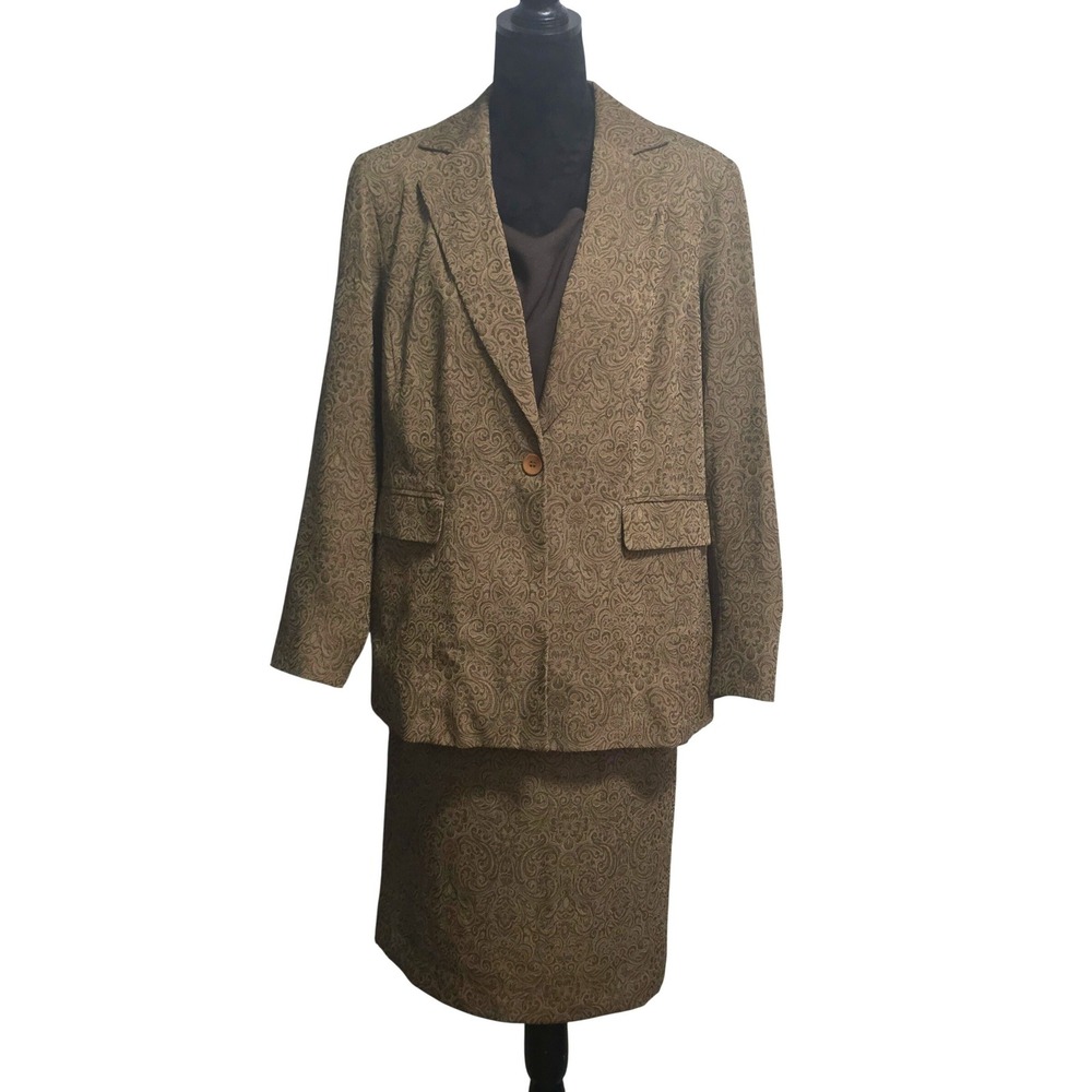 Blacker By Stanley Blacker women Paisley Skirt Suit Olive Brown 2pc Blazer Sz 14